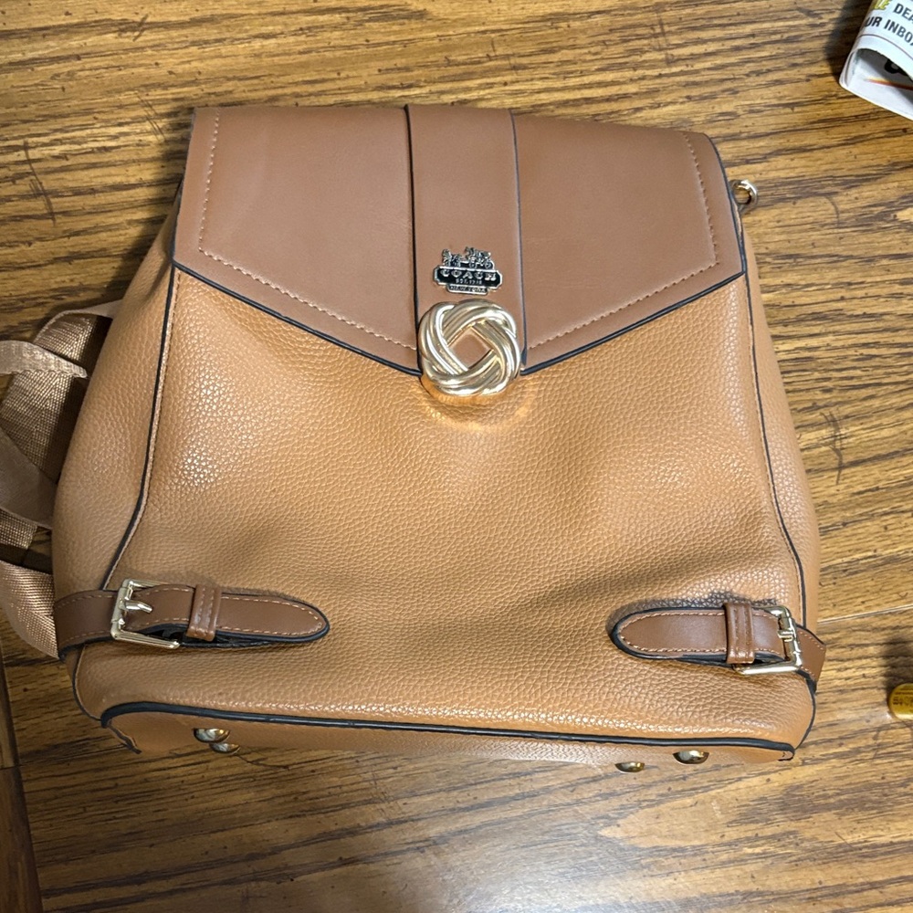 Coach Tan Leather Backpack with Gold Accents